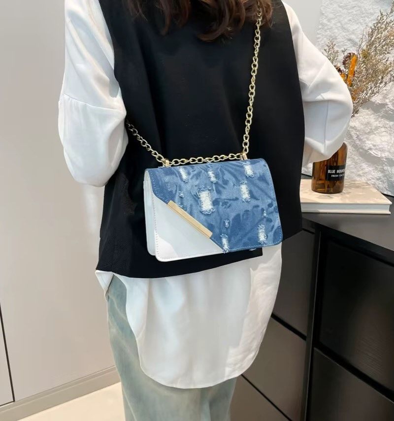 Angled-Flap Denim-Look Shoulder Bag, image 2 of 5