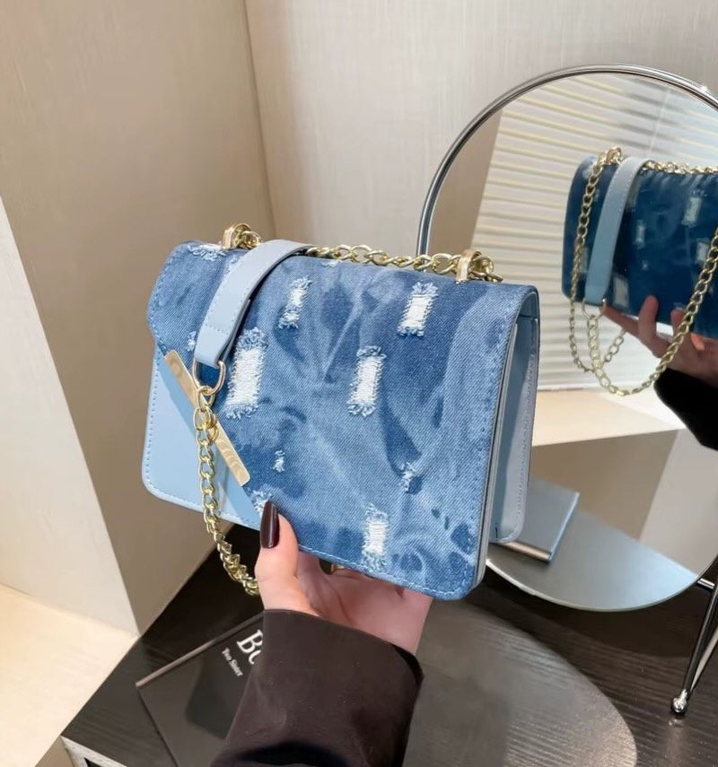 Angled-Flap Denim-Look Shoulder Bag, image 4 of 5
