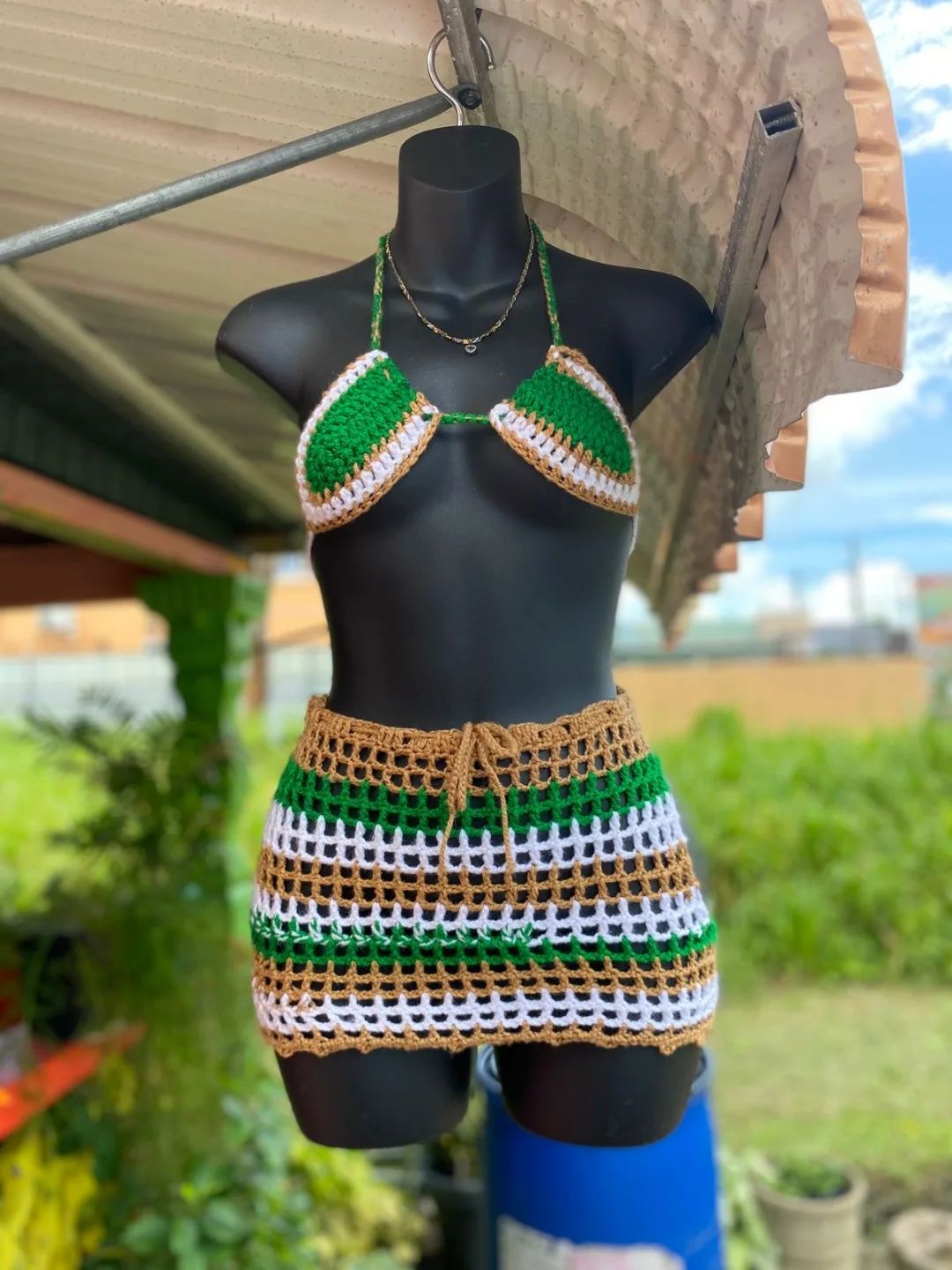 Green, Tan and White Crochet Outfit, image 2 of 3